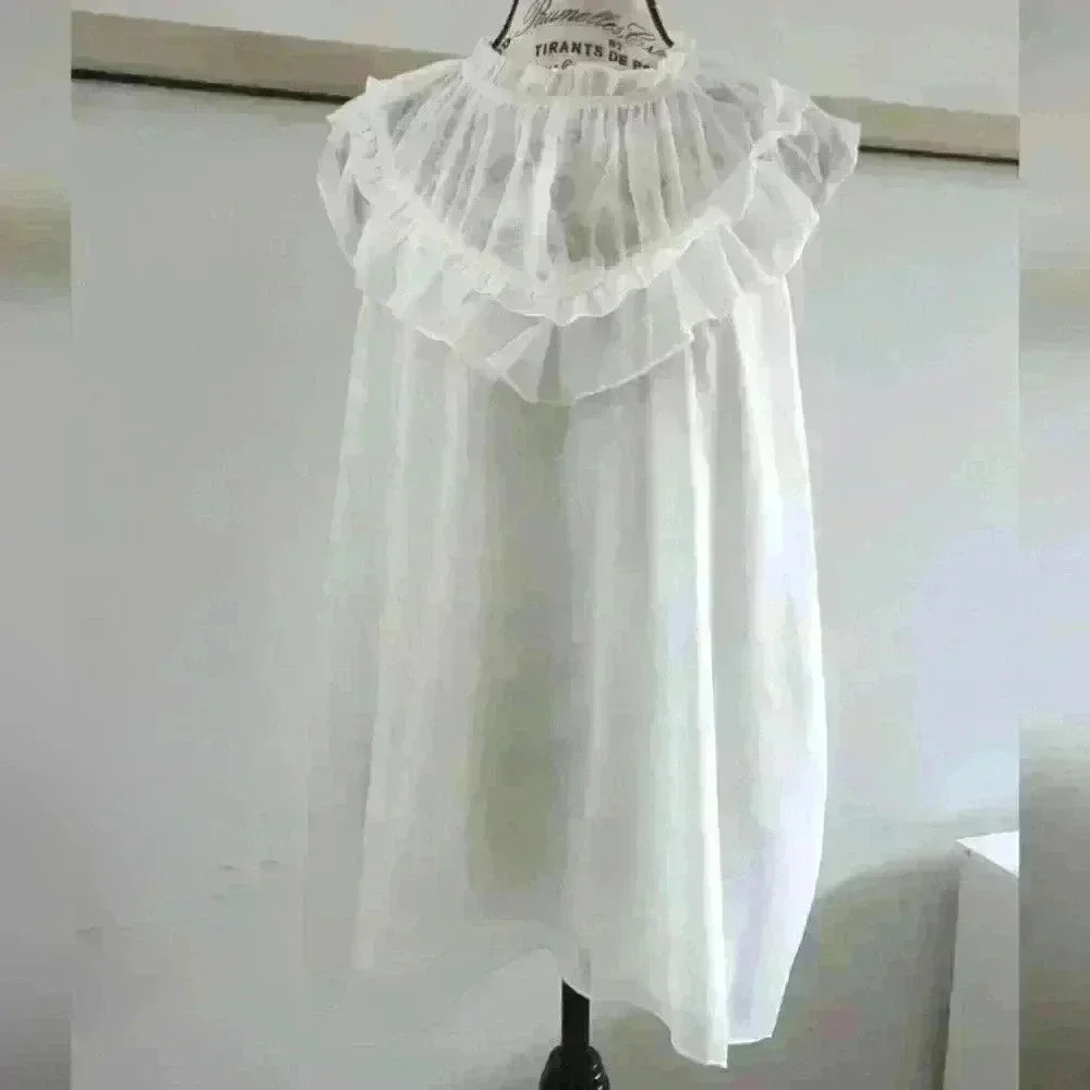 AMAZON | Women's White Lined Ruffled Neck Relaxed  Fit Sleeveless Blouse